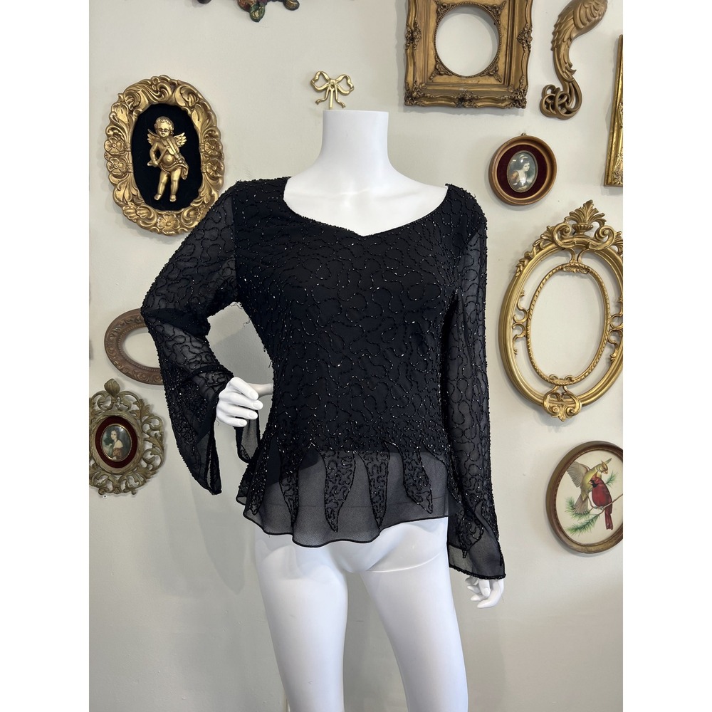 J Laxmi Black Beaded Sheer Long Sleeve Evening Blouse Medium